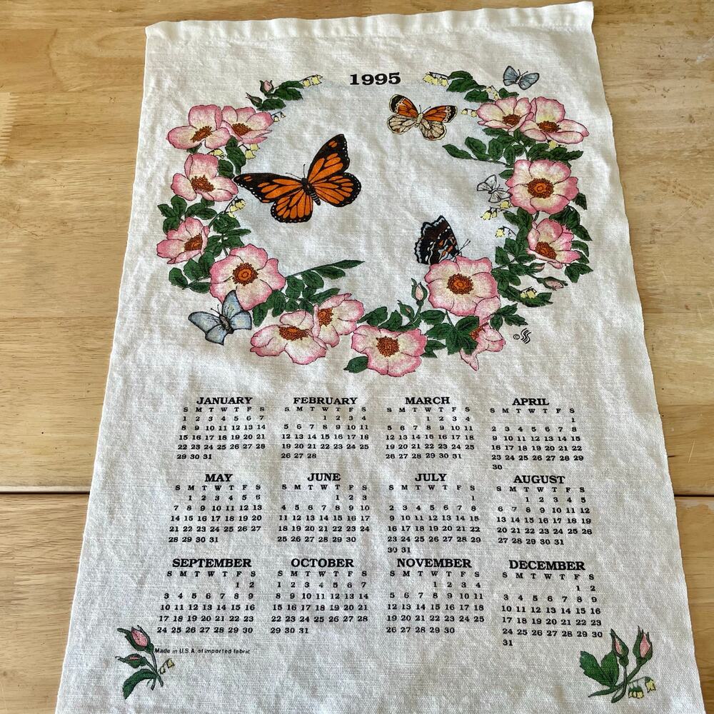 Vintage 1995 Linen Tea Towel Calendar with Floral Wreath and Butterflies EUC